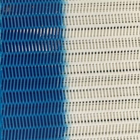 A piece of white plastic mesh belt with blue edge