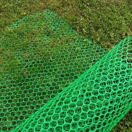 A roll of light green plastic grass protection mesh on the grassland