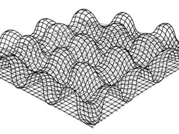A flat layer of polymer mesh serves as backing, a layer of cuspated polymer mesh is bonded together with the mesh beneath it.
